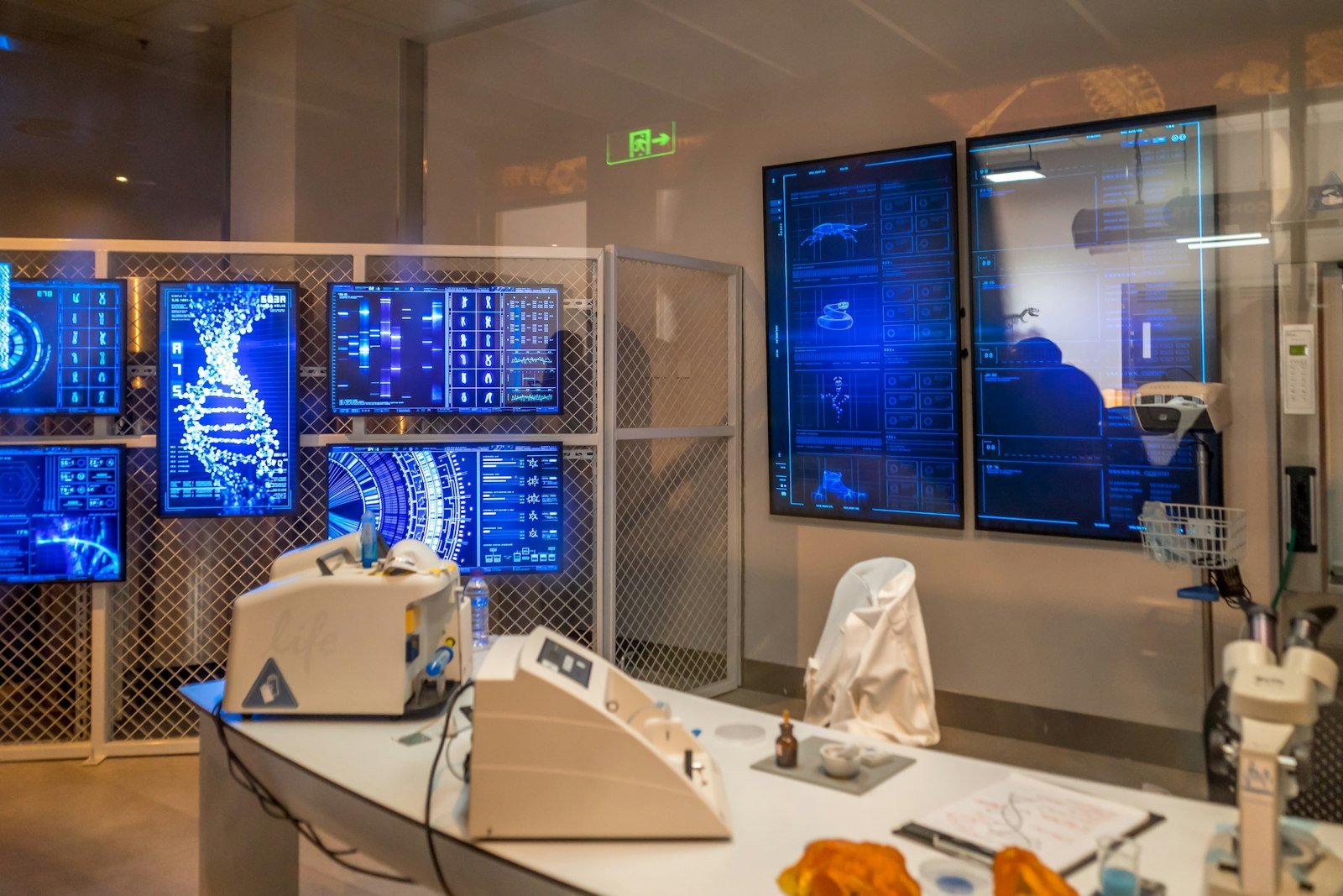 Computer research lab with multiple monitors